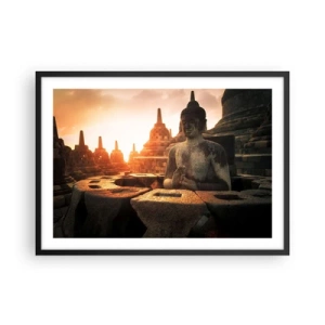 Poster in einem schwarzem Rahmen - Buddha-Statue im Borobudur-Tempel bei Sonnenuntergang - 70x50cm - Wetter der großen Weisheit - Moderne Wanddekoration für Wohnzimmer und Schlafzimmer ARTTOR