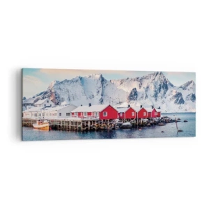 Bild auf Leinwand - Leinwandbild - Rote Häuser vor dem Hintergrund schneebedeckter Berge und des blauen Meeres - 140x50cm - Nördlicher Rückzug - Moderne Wanddekoration für Wohnzimmer und Schlafzimmer ARTTOR