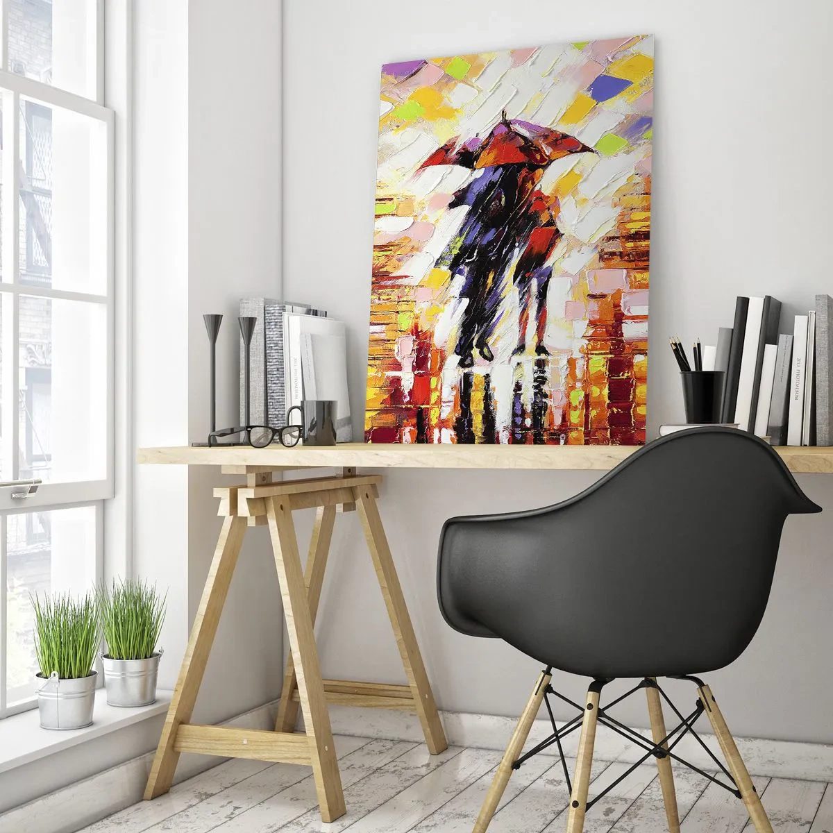 Glasbild - Bild auf glas - Eine abstrakte Szene eines Spaziergangs unter einem Regenschirm in einer regnerischen Nacht. - 70x100cm - Gemeinsam durch die Nacht und den Regen - Moderne Wanddekoration für Wohnzimmer und Schlafzimmer ARTTOR