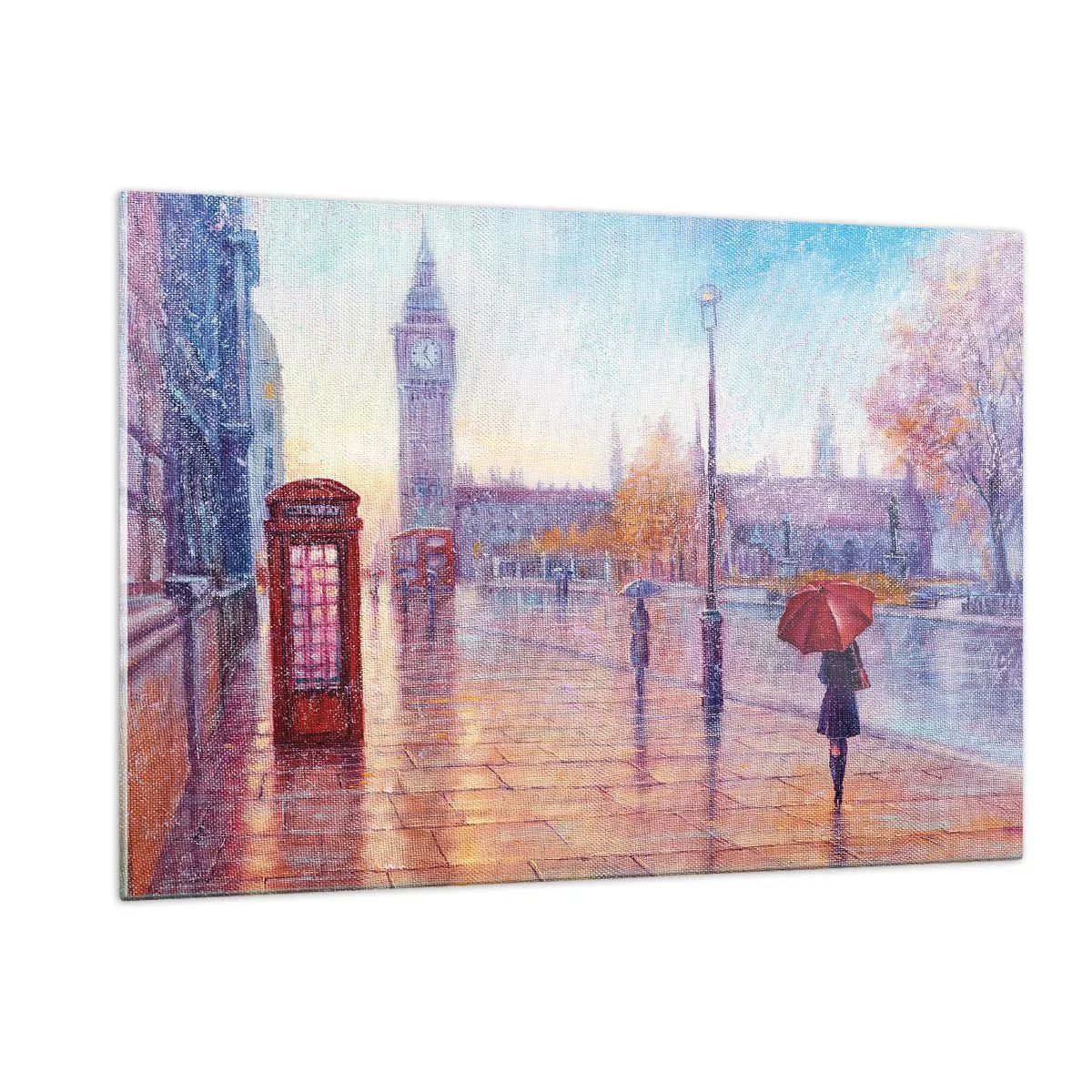 Glasbild - Bild auf glas - Londoner Szene im Regen mit Big Ben und der roten Box - 120x80cm - Londoner Herbsttag - Moderne Wanddekoration für Wohnzimmer und Schlafzimmer ARTTOR