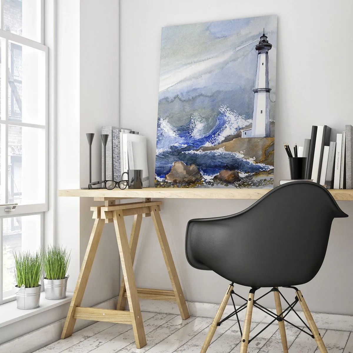 Glasbild - Bild auf glas - Ein Leuchtturm an einer felsigen Küste mit rauer See - 80x120cm - Gegen die Dunkelheit und den Sturm - Moderne Wanddekoration für Wohnzimmer und Schlafzimmer ARTTOR