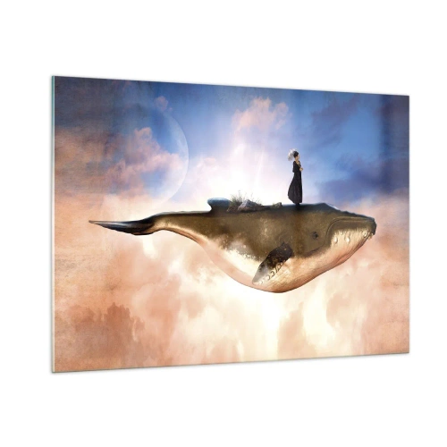 Glasbild - Bild auf glas - Ein Fantasiewal, der mit einer Frau auf seinem Rücken in den Wolken schwebt. - 100x70cm - Eine echte Reise - Moderne Wanddekoration für Wohnzimmer und Schlafzimmer ARTTOR