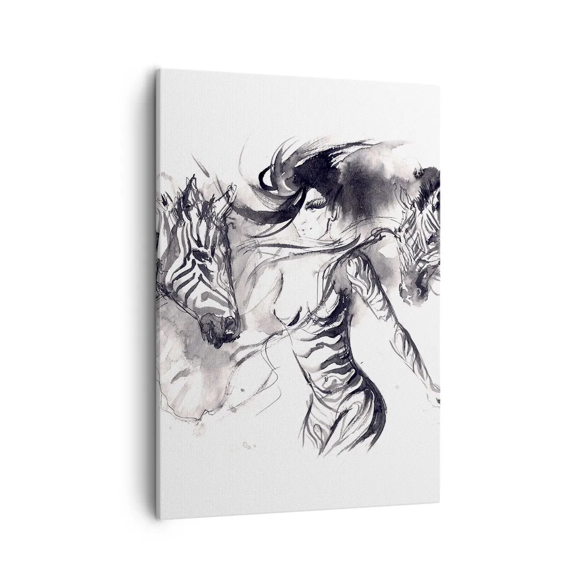 Bild auf Leinwand - Leinwandbild - Eine Frau in einem dynamischen Tanz mit Zebras in einer Schwarz-Weiß-Ästhetik - 50x70cm - Tanzen mit den Zebras - Moderne Wanddekoration für Wohnzimmer und Schlafzimmer ARTTOR