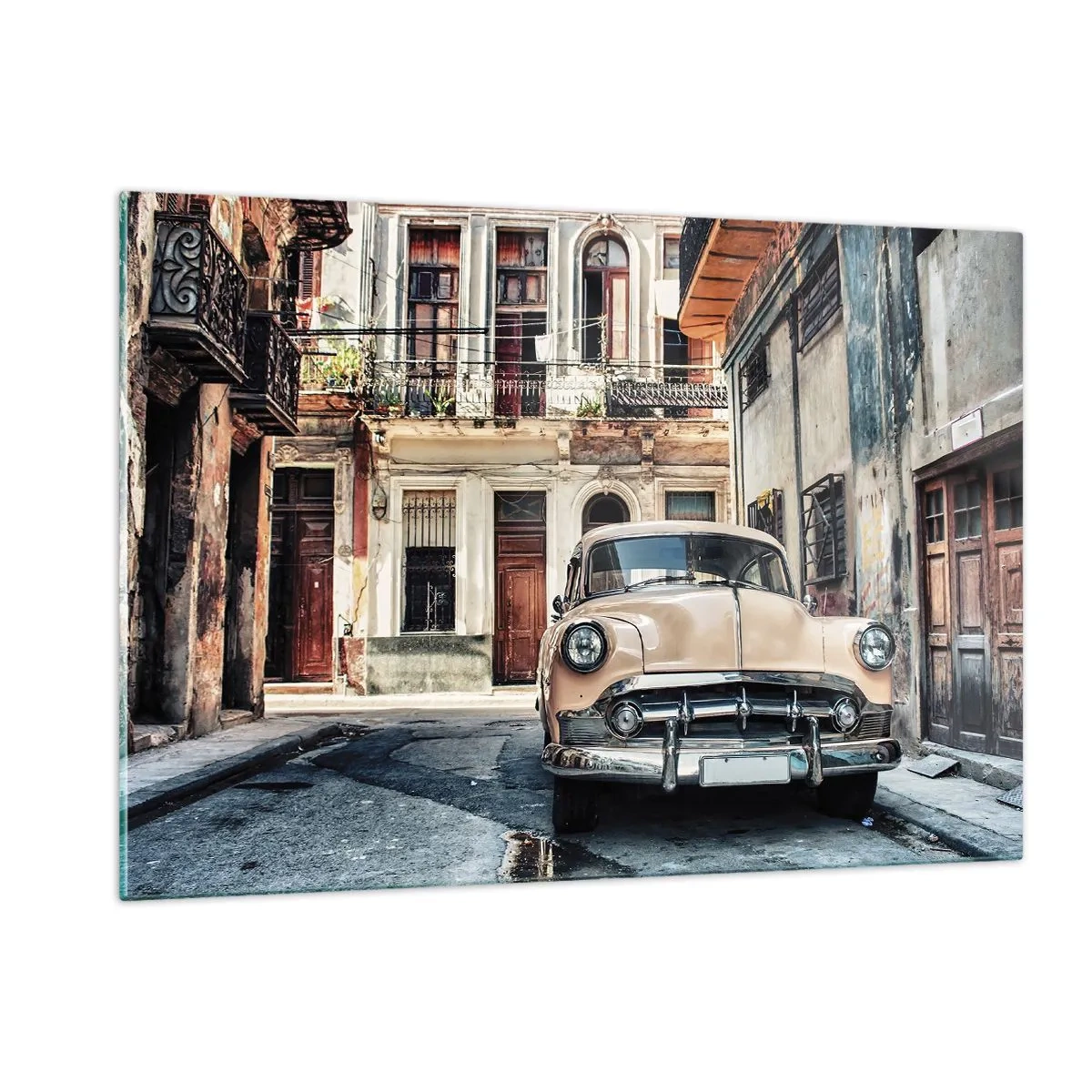 Glasbild - Bild auf glas - Retro-Auto auf der Straße der Altstadt - 120x80cm - Die Siesta in Havanna - Moderne Wanddekoration für Wohnzimmer und Schlafzimmer ARTTOR