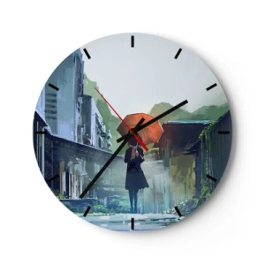 Wanduhr - Glasuhr - Eine Figur mit einem Regenschirm in einer verregneten Straße - 30x30cm - Belebender Regen - Moderne Wanddekoration für Wohnzimmer, Küche und Schlafzimmer ARTTOR