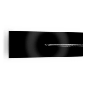 Bild auf Leinwand - Leinwandbild - Ein Düsenflugzeug mit sichtbarem Kondensstreifen auf schwarzem Hintergrund - 160x50cm - In eine andere Dimension - Moderne Wanddekoration für Wohnzimmer und Schlafzimmer ARTTOR