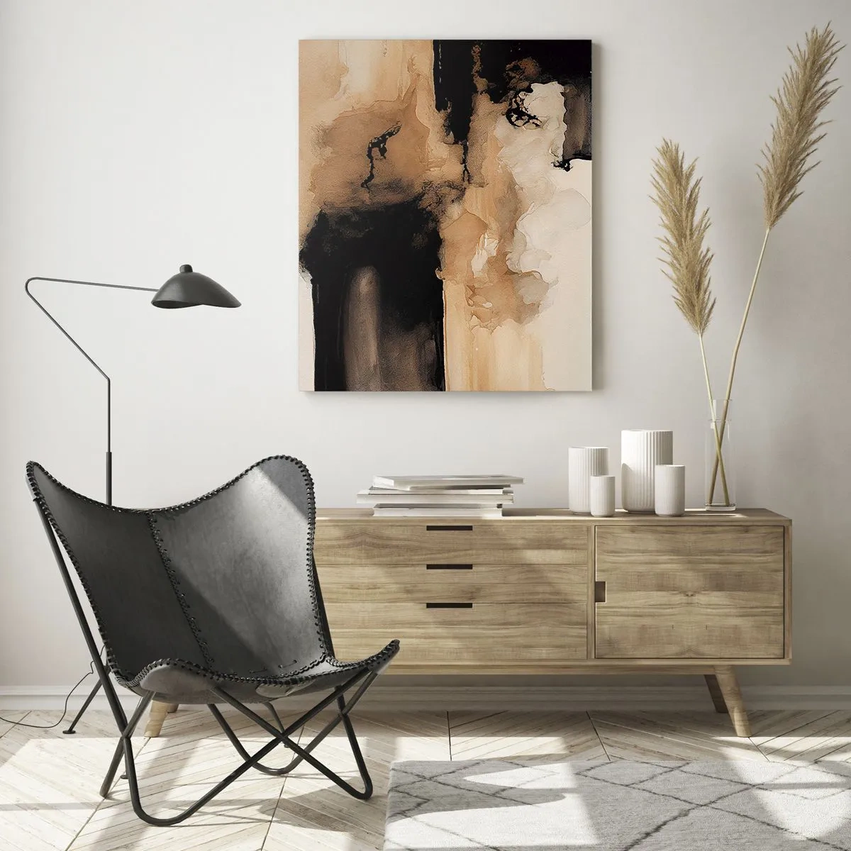 Glasbild - Bild auf glas - Eine abstrakte Form in Schwarz und Braun auf hellem Hintergrund - 50x70cm - Faszinierende Abstraktion - Moderne Wanddekoration für Wohnzimmer und Schlafzimmer ARTTOR