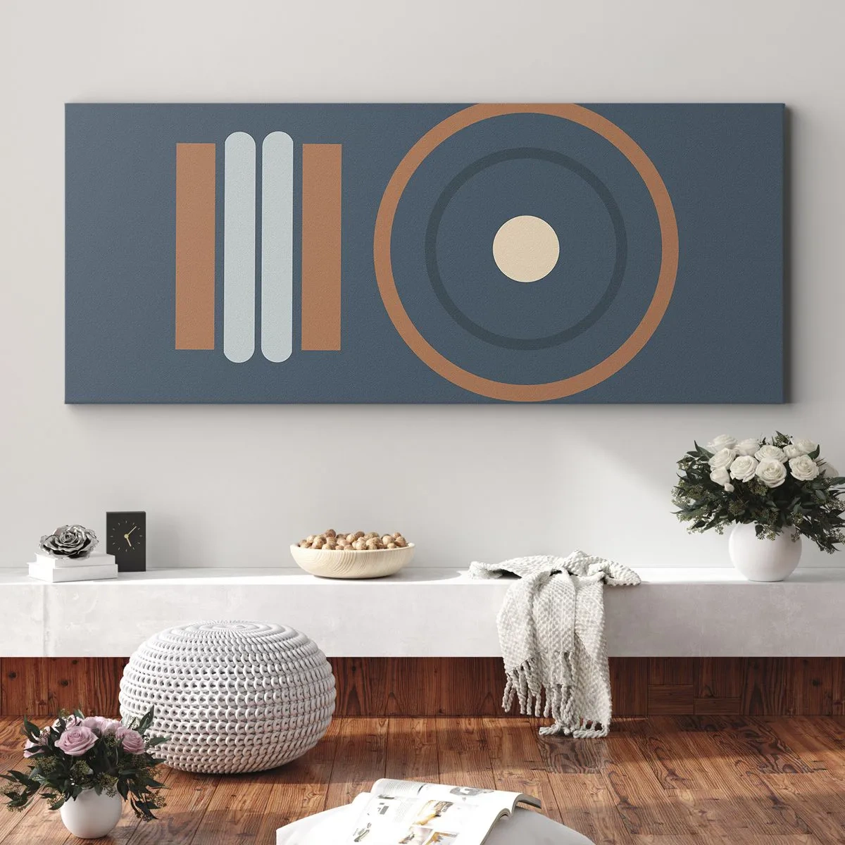 Bild auf Leinwand - Leinwandbild - Eine geometrische Komposition mit Kreisen und Rechtecken in gedämpften Farben. - 120x50cm - Das Wesen der Dinge - Moderne Wanddekoration für Wohnzimmer und Schlafzimmer ARTTOR