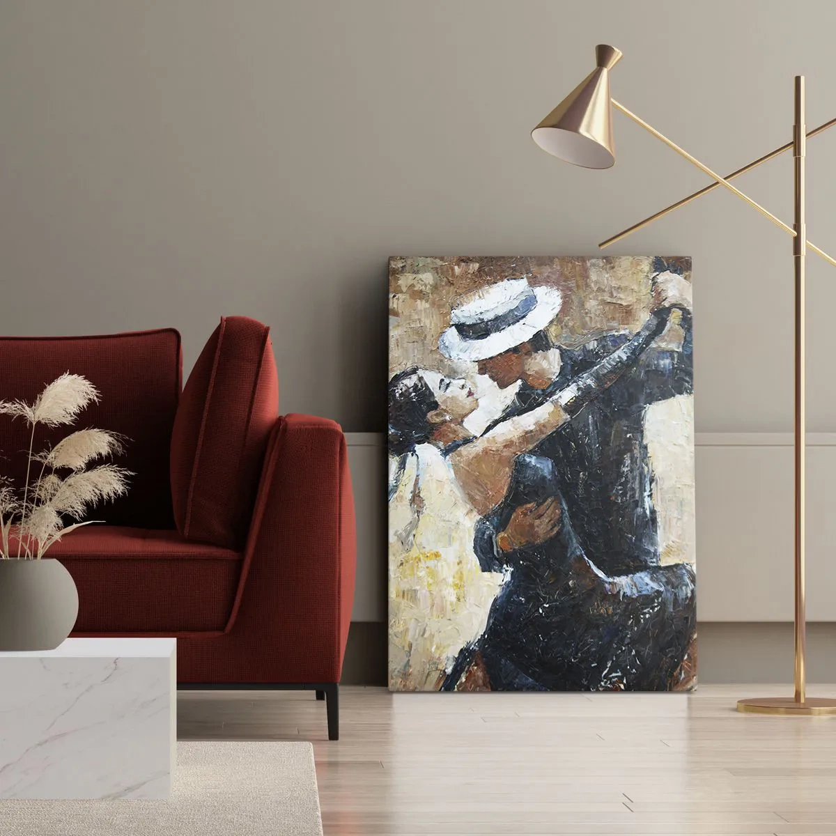 Bild auf Leinwand - Leinwandbild - Ein Paar tanzt Tango in einem romantischen, eleganten Stil - 80x120cm - A la Rudolf Valentino - Moderne Wanddekoration für Wohnzimmer und Schlafzimmer ARTTOR