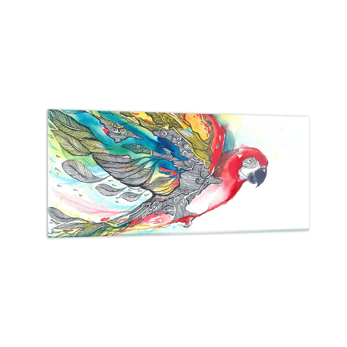 Glasbild - Bild auf glas - Ein bunter Papagei im Flug mit abstrakten Mustern auf seinen Flügeln. - 120x50cm - Leben Sie bunt - Moderne Wanddekoration für Wohnzimmer und Schlafzimmer ARTTOR