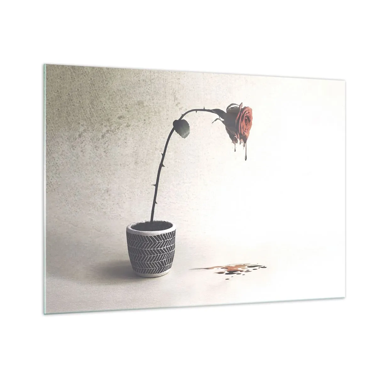 Glasbild - Bild auf glas - Eine symbolische Rose in einem Topf mit tropfender Farbe - 100x70cm - Rosa dolorosa - Moderne Wanddekoration für Wohnzimmer und Schlafzimmer ARTTOR