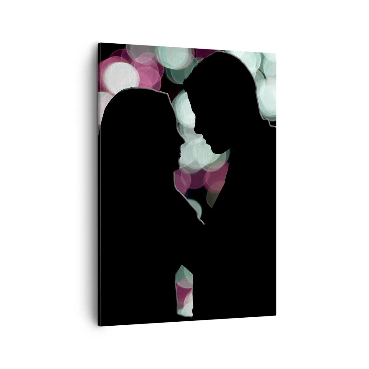 Bild auf Leinwand - Leinwandbild - Silhouetten eines Paares vor dem Hintergrund bunter Bokeh-Lichter - 50x70cm - Jawohl! - Moderne Wanddekoration für Wohnzimmer und Schlafzimmer ARTTOR