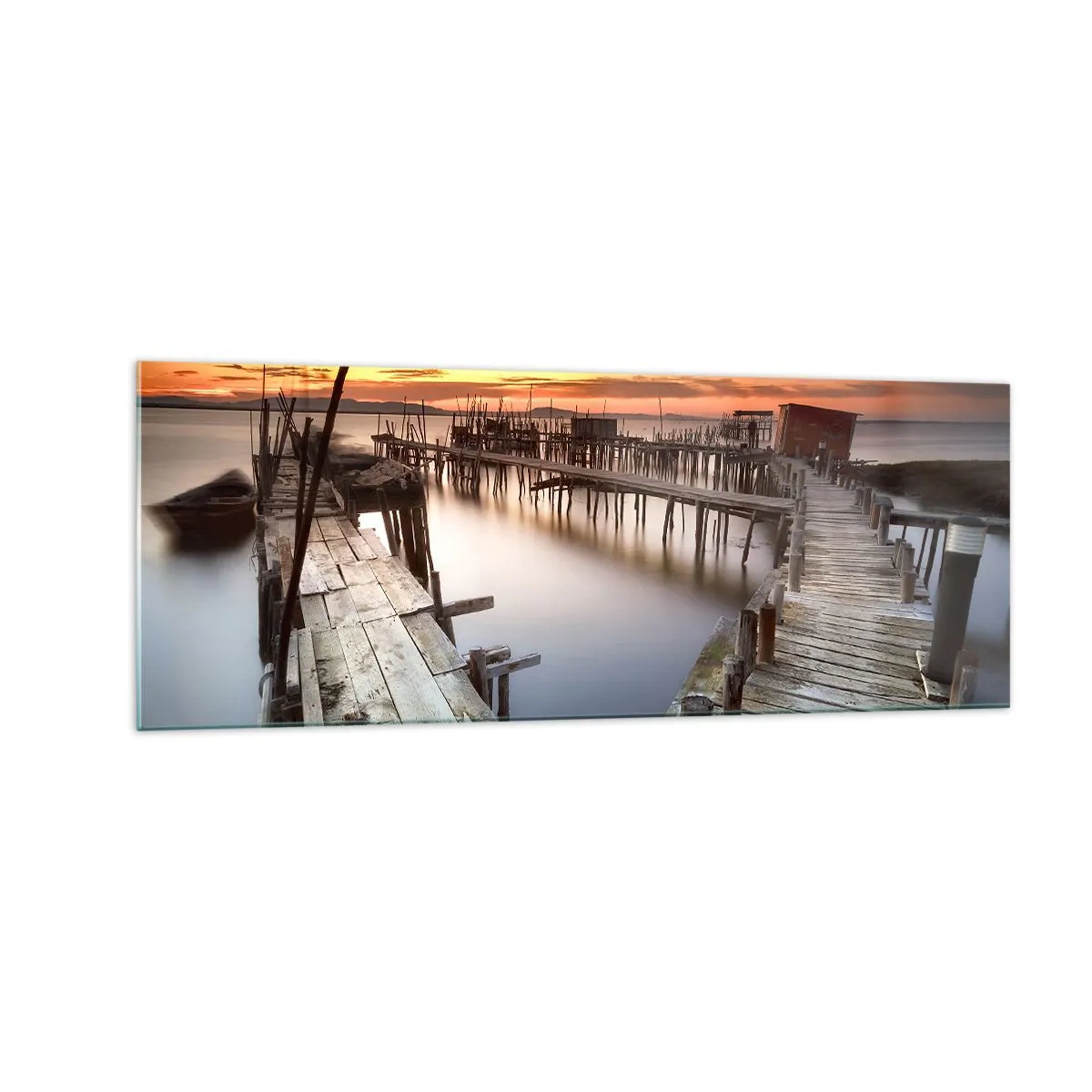Glasbild - Bild auf glas - Holzstege auf ruhigem Wasser bei Sonnenuntergang - 140x50cm - Authentisch, keine Touristenattrappe - Moderne Wanddekoration für Wohnzimmer und Schlafzimmer ARTTOR