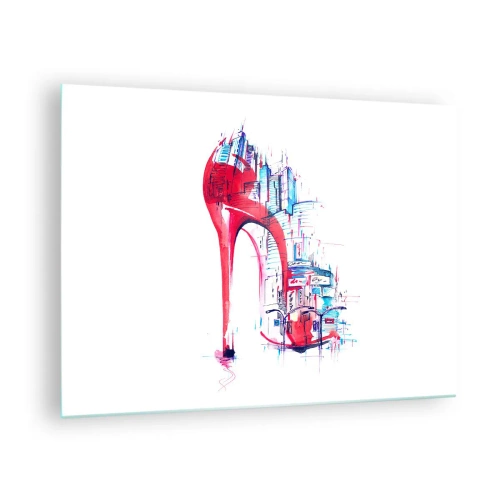 Glasbild - Bild auf glas - Roter Stiletto mit urbanem Architekturmotiv - 70x50cm - Ein Großstadt-Dandy - Moderne Wanddekoration für Wohnzimmer und Schlafzimmer ARTTOR