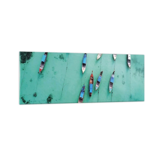 Glasbild - Bild auf glas - Boote auf türkisfarbenem Wasser aus der Vogelperspektive - 140x50cm - In freudiger Erwartung - Moderne Wanddekoration für Wohnzimmer und Schlafzimmer ARTTOR