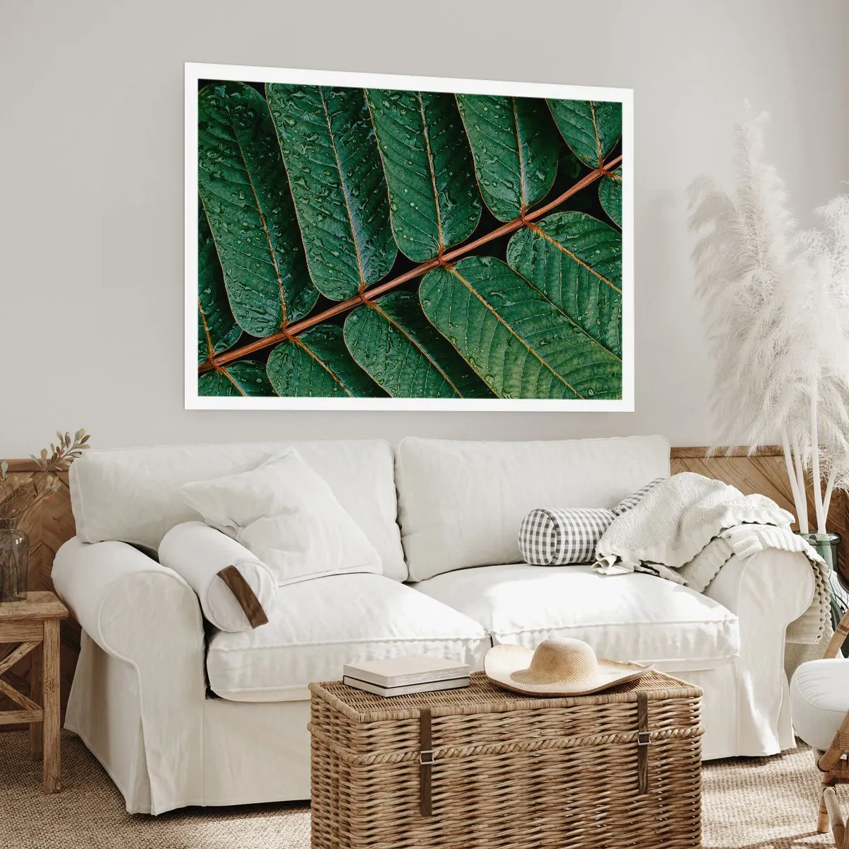 Poster - Makroaufnahme von grünen Blättern mit Tautropfen - 100x70cm - Im grünen Rhythmus - Moderne Wanddekoration für Wohnzimmer und Schlafzimmer ARTTOR