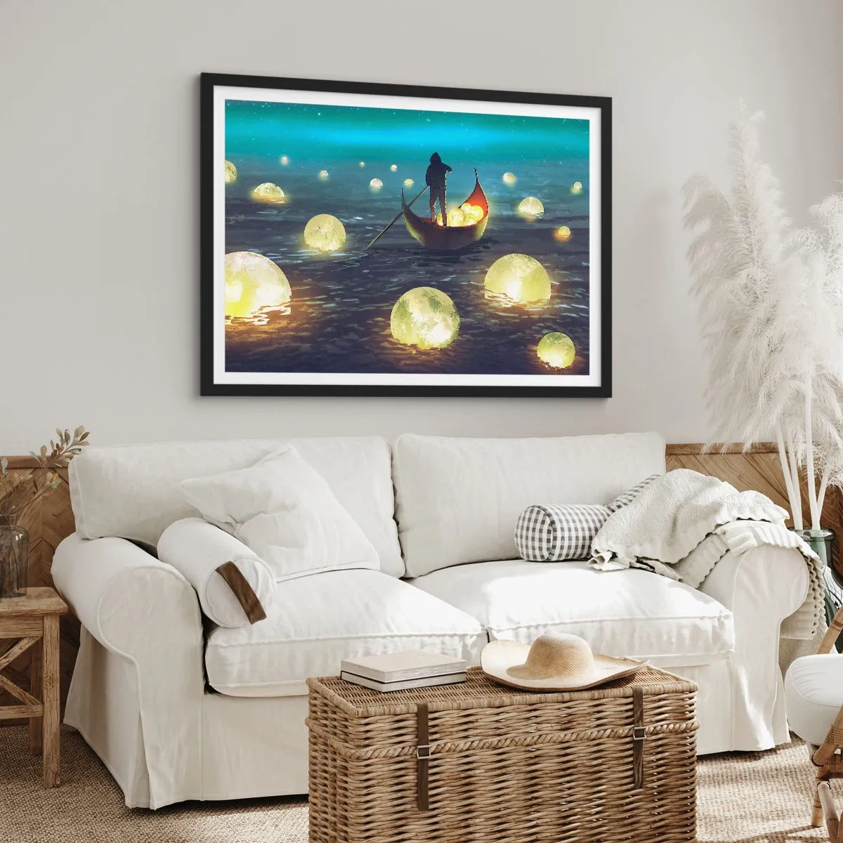 Poster in einem schwarzem Rahmen - Eine Figur in einem Boot, umgeben von leuchtenden Kugeln auf dem Wasser - 100x70cm - Dinge, von denen Philosophen nie geträumt haben - Moderne Wanddekoration für Wohnzimmer und Schlafzimmer ARTTOR