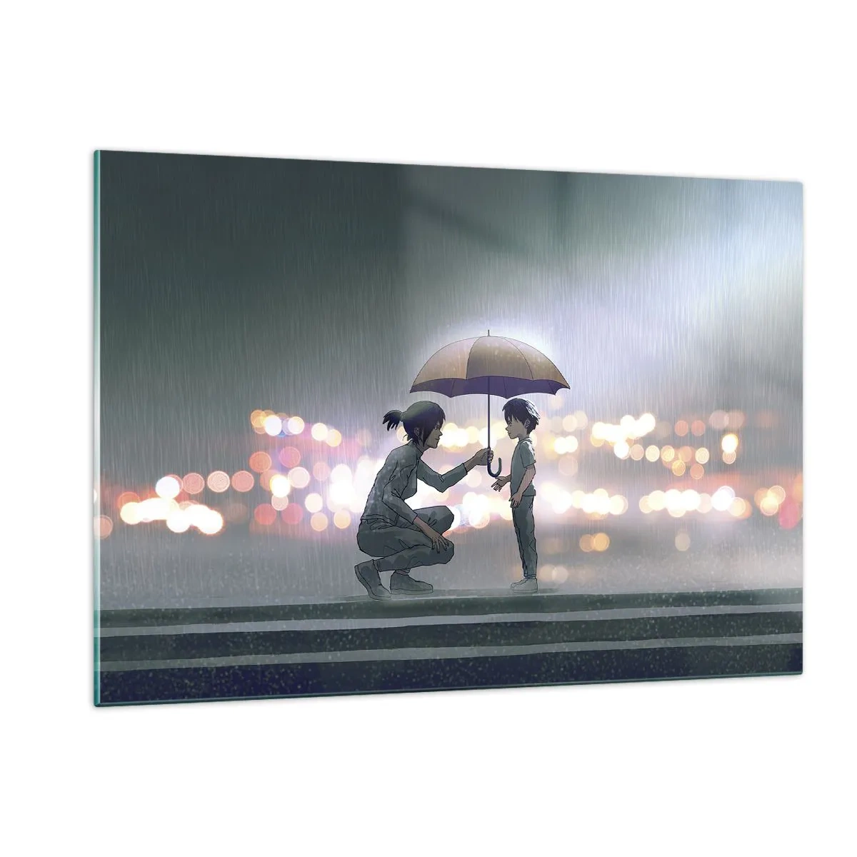 Glasbild - Bild auf glas - Figuren im Regen mit Regenschirmen vor dem Hintergrund der Nachtlichter - 120x80cm - Und jetzt ist alles in Ordnung - Moderne Wanddekoration für Wohnzimmer und Schlafzimmer ARTTOR
