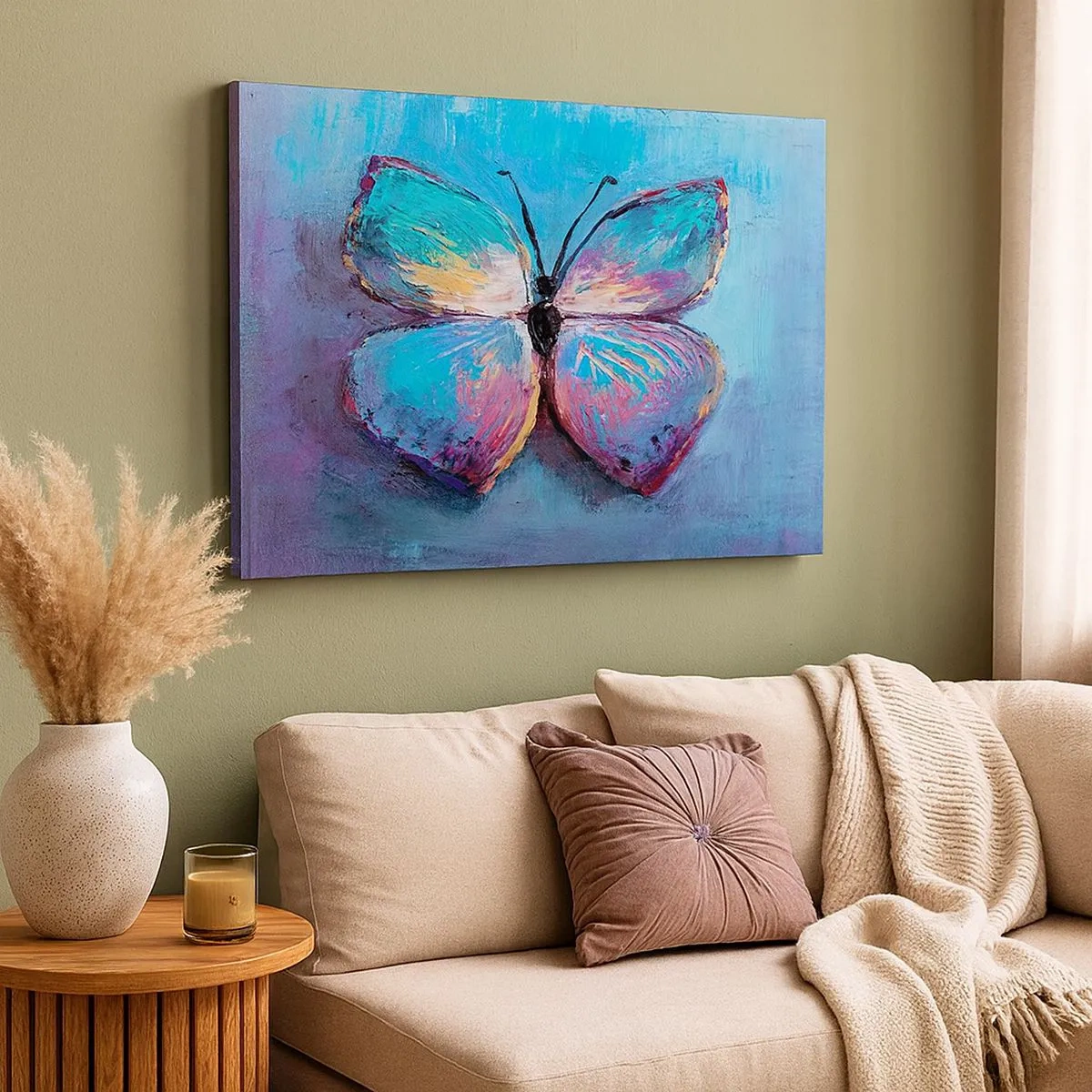 Bild auf Leinwand - Leinwandbild - Bunter Schmetterling auf blauem Hintergrund - 70x50cm - In all seiner Pracht - Moderne Wanddekoration für Wohnzimmer und Schlafzimmer ARTTOR