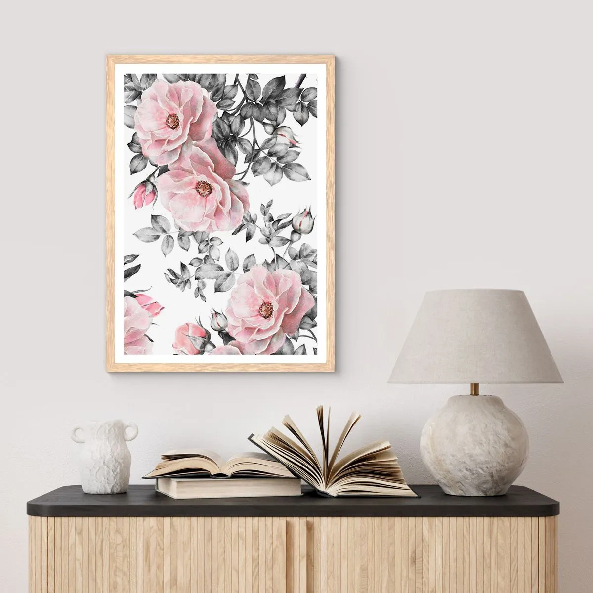Poster in einem Rahmen aus heller Eiche - Verliere dich in den Blüten der Rosen - 50x70 cm
