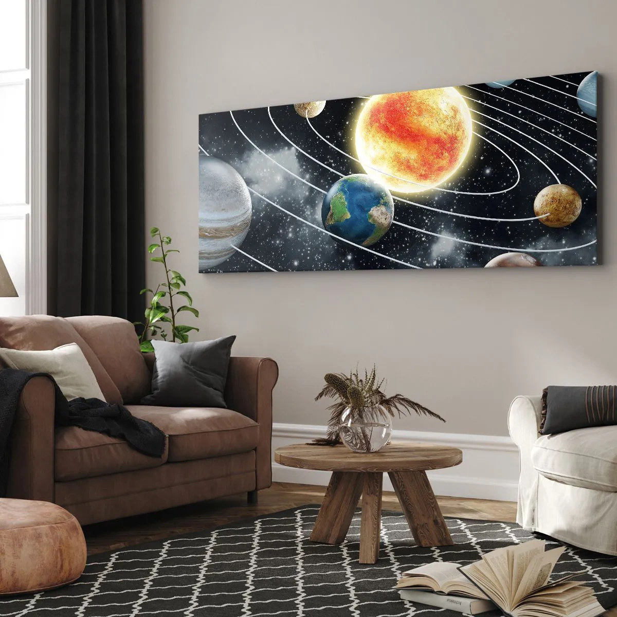 Bild auf Leinwand - Leinwandbild - Sonnensystem mit Planeten und Sonne im Weltraum - 120x50cm - Kosmischer Tanz - Moderne Wanddekoration für Wohnzimmer und Schlafzimmer ARTTOR