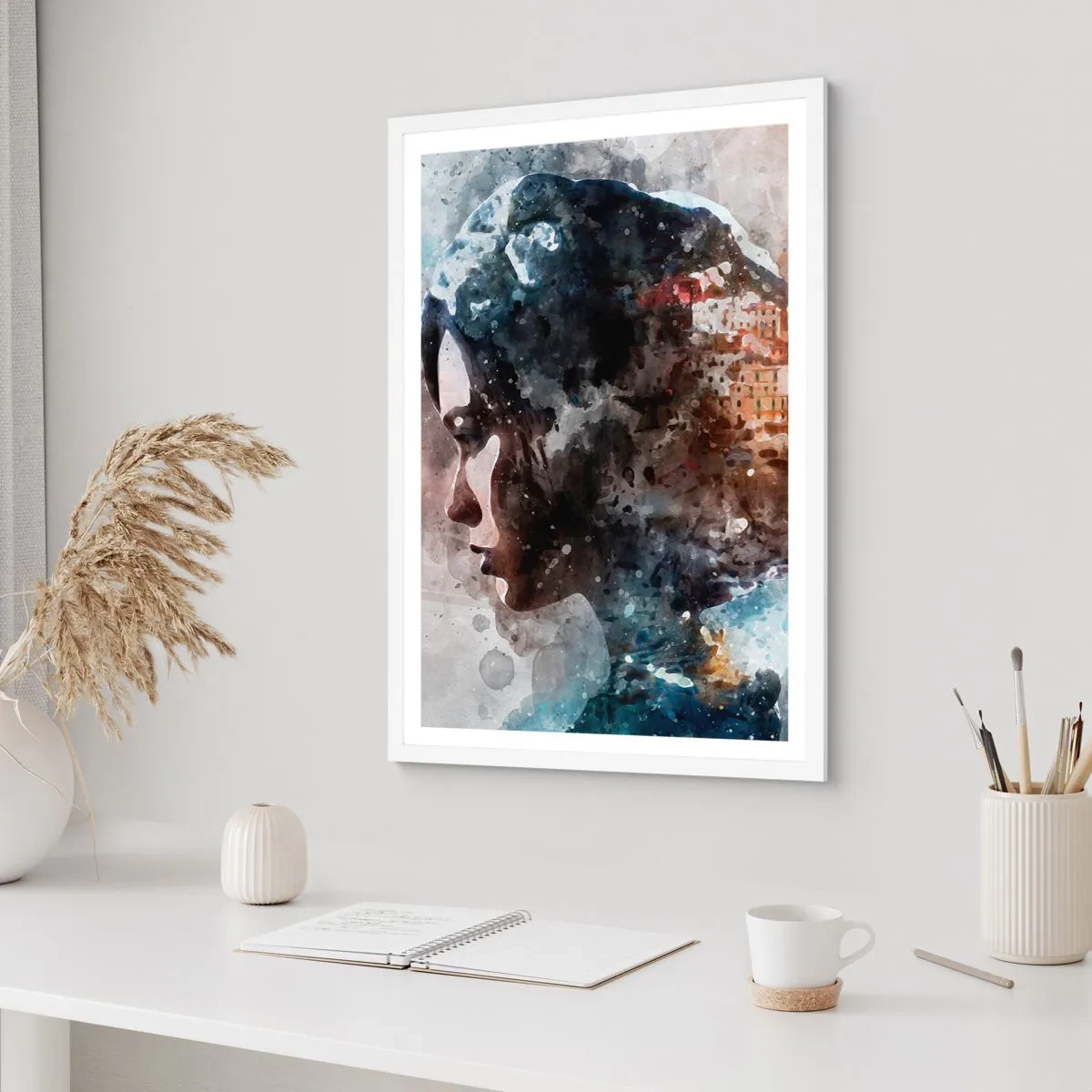 Poster in einem weißen Rahmen - Eine Geschichte über ein Mädchen mit einer Stadt im Hintergrund - 70x100 cm