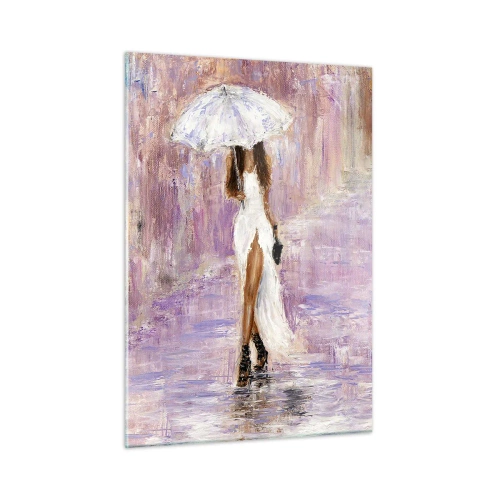 Glasbild - Bild auf glas - Figur einer Frau mit Regenschirm in einer lila Regenszene - 50x70cm - Im lila Regen - Moderne Wanddekoration für Wohnzimmer und Schlafzimmer ARTTOR