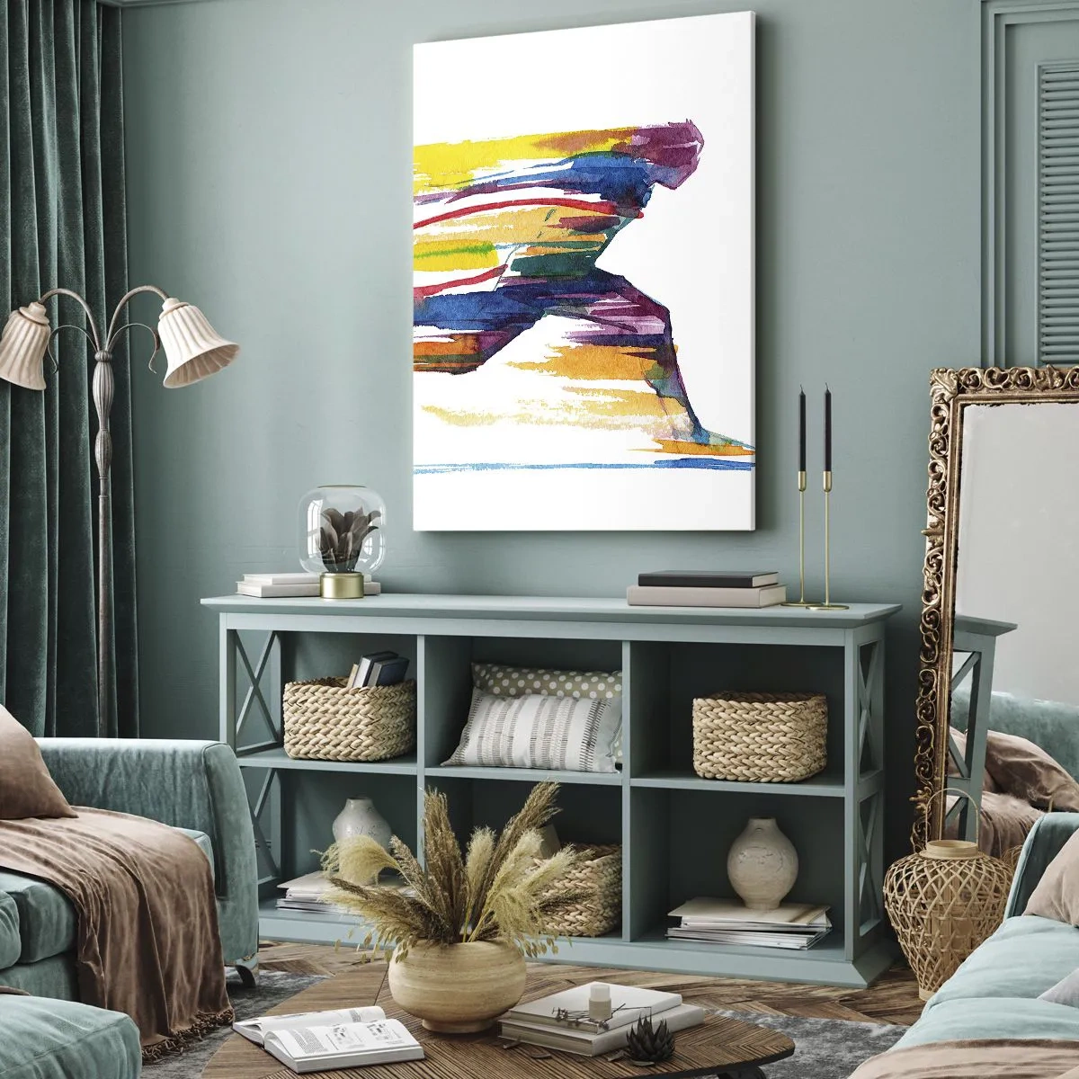 Bild auf Leinwand - Leinwandbild - Ein Läufer in abstrakten Farben symbolisiert Dynamik und Energie - 50x70cm - Über den Regenbogen laufen - Moderne Wanddekoration für Wohnzimmer und Schlafzimmer ARTTOR