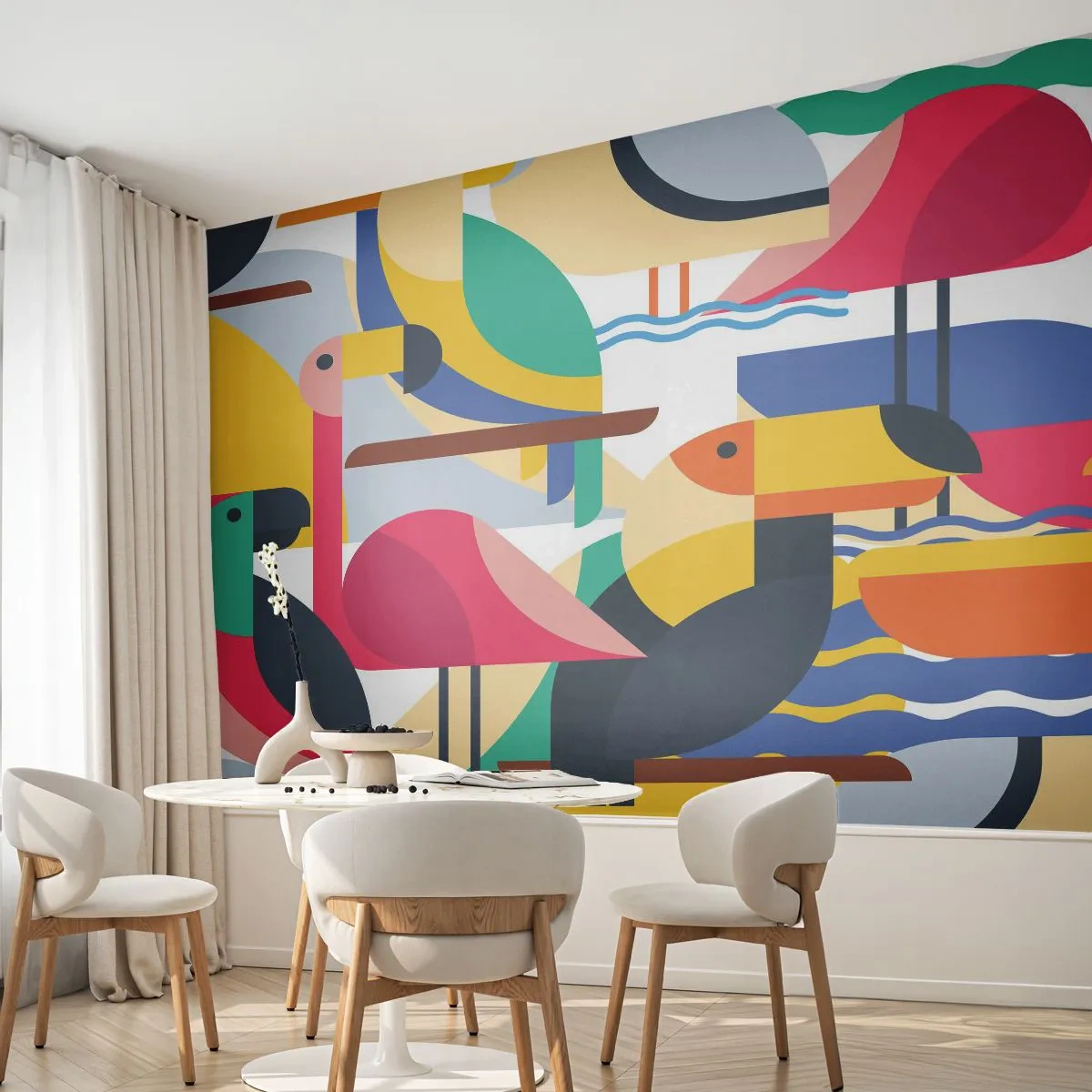 Fototapete Premium Canvas - Vogelparty - Abstraktion, Pelikan, Stück - 300x210 cm