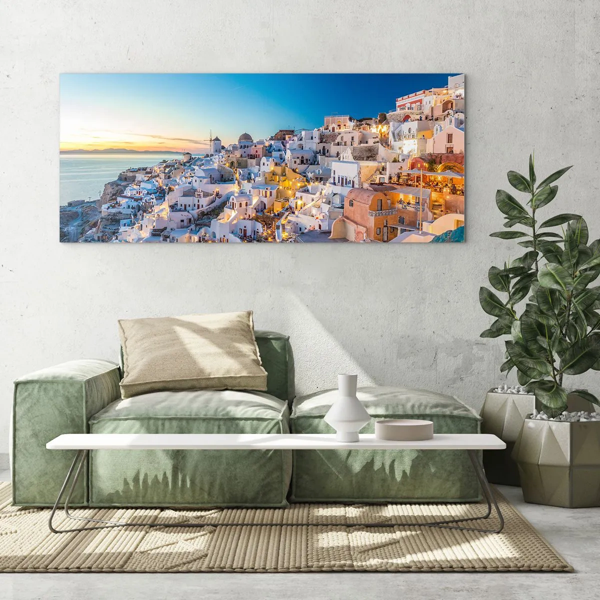 Glasbild - Bild auf glas - Blick auf eine griechische Stadt bei Sonnenuntergang - 160x50cm - Die Essenz des Griechischen - Moderne Wanddekoration für Wohnzimmer und Schlafzimmer ARTTOR