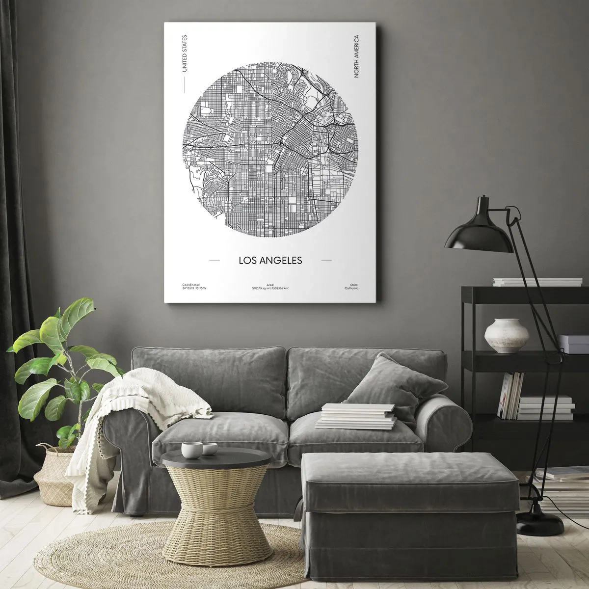 Bild auf Leinwand - Leinwandbild - Eine Karte von Los Angeles im minimalistischen Schwarz-Weiß-Stil - 50x70cm - Anatomie von Los Angeles - Moderne Wanddekoration für Wohnzimmer und Schlafzimmer ARTTOR