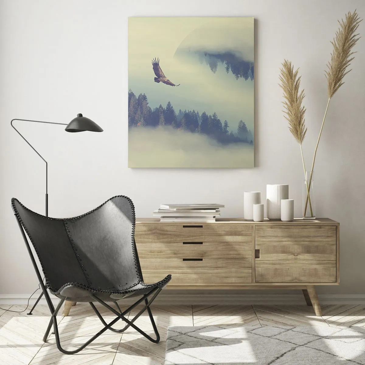 Glasbild - Bild auf glas - Ein Adler im Flug über einem nebelverhangenen Wald mit einer surrealen Spiegelung. - 50x70cm - Ich habe den Schatten eines Adlers gesehen - Moderne Wanddekoration für Wohnzimmer und Schlafzimmer ARTTOR