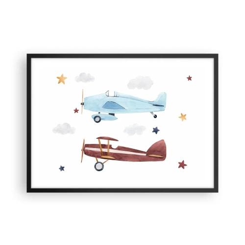 Poster in einem schwarzem Rahmen - Handbemalte Flugzeuge vor einem Hintergrund aus Wolken und Sternen - 70x50cm - Wir warten, Herr Pilot! - Moderne Wanddekoration für Wohnzimmer und Schlafzimmer ARTTOR