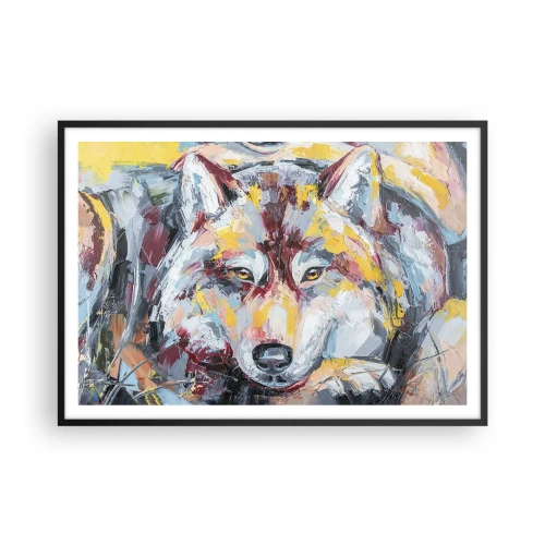 Poster in einem schwarzem Rahmen - Künstlerisches Wolfsportrait in intensiven Farben - 100x70cm - Seelenfrieden unter den Lieben - Moderne Wanddekoration für Wohnzimmer und Schlafzimmer ARTTOR