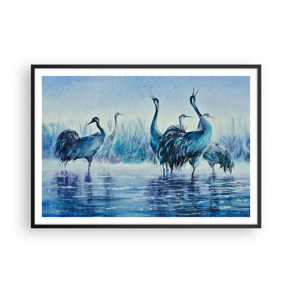 Poster in einem schwarzem Rahmen - Kräne vor dem Hintergrund von Nebel und Wasser in Blautönen - 100x70cm - Morgentliches Treffen - Moderne Wanddekoration für Wohnzimmer und Schlafzimmer ARTTOR