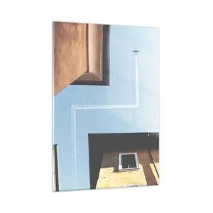 Glasbild - Bild auf glas - Ein Flugzeug über der Stadt, gesehen von einem Hof zwischen Mietshäusern - 50x70cm - Über dem Stadtlabyrinth - Moderne Wanddekoration für Wohnzimmer und Schlafzimmer ARTTOR