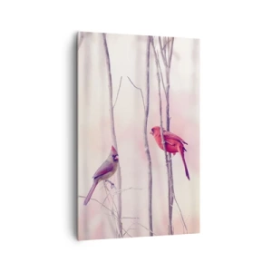 Bild auf Leinwand - Leinwandbild - Ein Kardinalspaar sitzt auf Ästen in einer pastellfarbenen Landschaft - 80x120cm - Geschichte vom rosa Wald - Moderne Wanddekoration für Wohnzimmer und Schlafzimmer ARTTOR