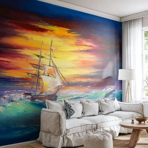Fototapete Premium Sand - Tapfer unter den Wellen - Segelschiff, Meer, Sturm - 300x210 cm