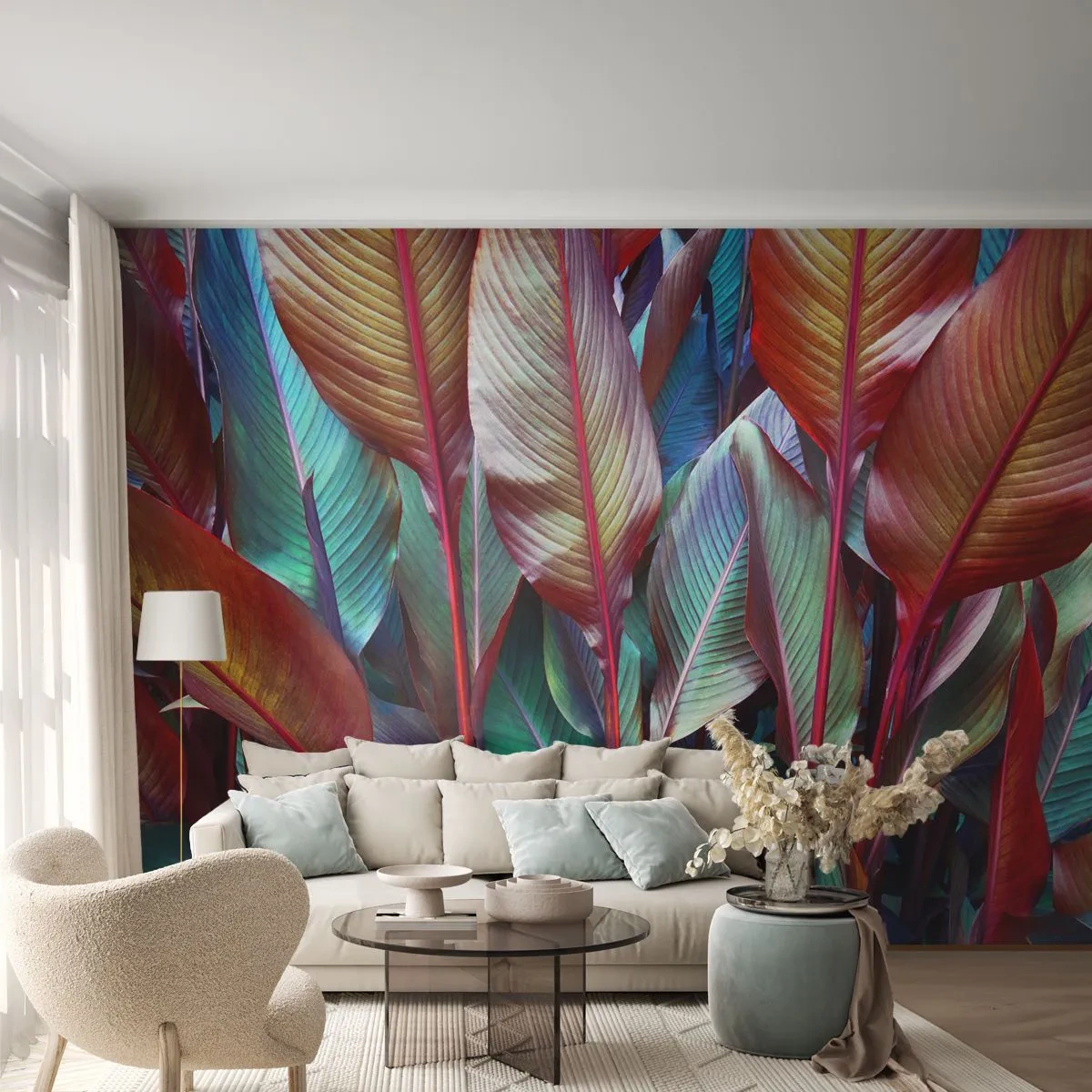Fototapete Premium Canvas - Buntes Dickicht - Blätter, Botanik, Boho - 500x350 cm