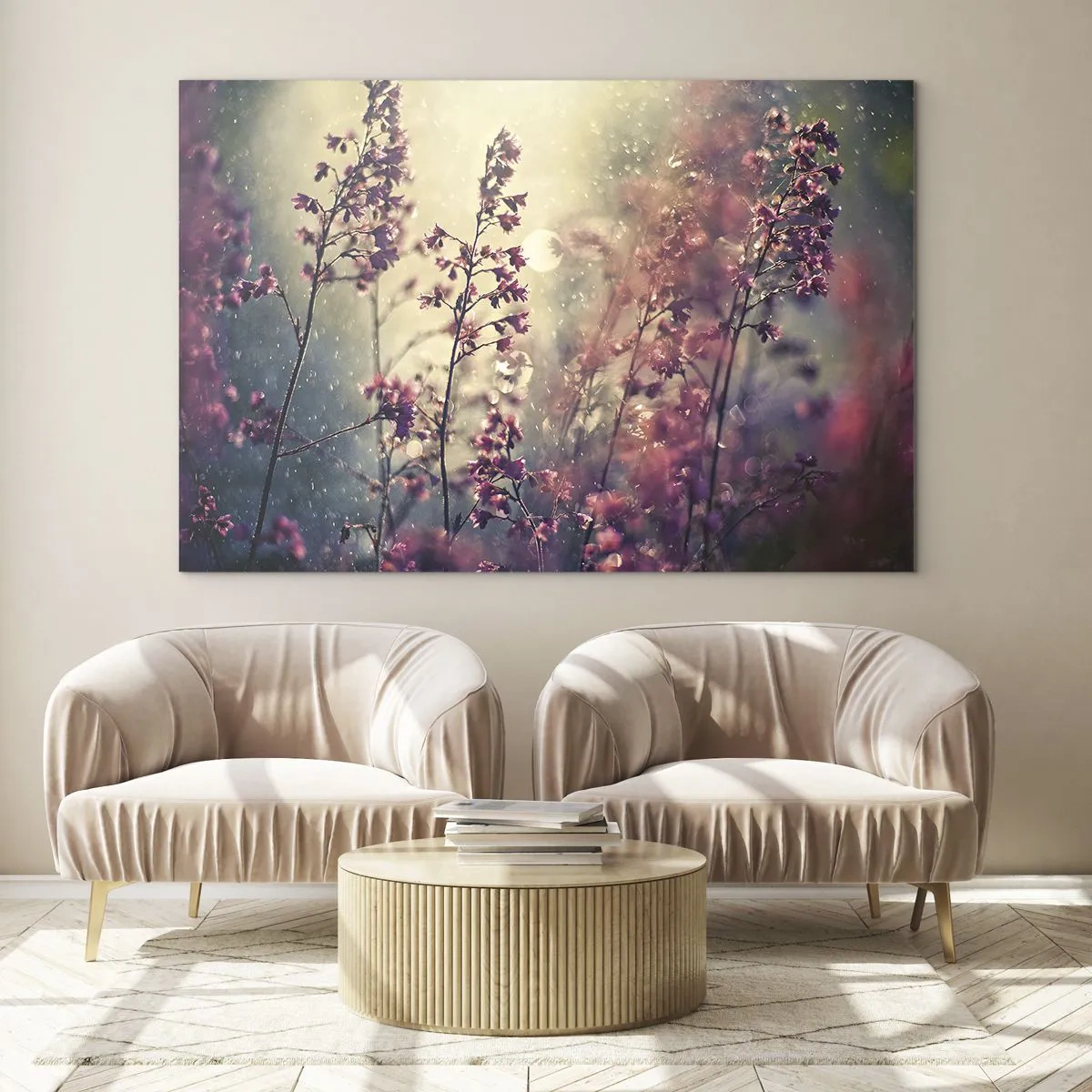 Glasbild - Bild auf glas - Blumen im Sonnenlicht im sanften Regen - 70x50cm - Geheimnisvoller Garten - Moderne Wanddekoration für Wohnzimmer und Schlafzimmer ARTTOR