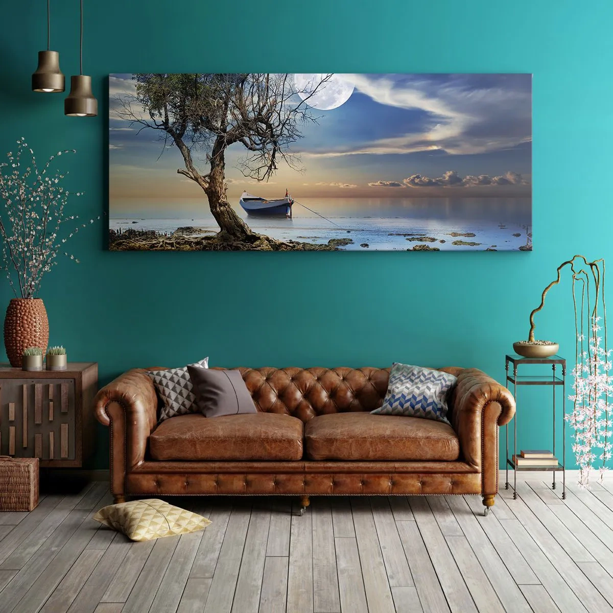 Bild auf Leinwand - Leinwandbild - Ein einsamer Baum und ein Boot auf ruhigem Wasser unter Vollmond. - 160x50cm - Ist das das Ende oder der Anfang? - Moderne Wanddekoration für Wohnzimmer und Schlafzimmer ARTTOR