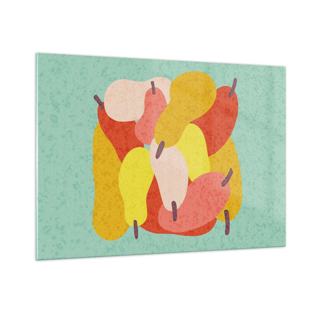 Glasbild - Bild auf glas - Bunte Birnen im grafischen Stil auf türkisfarbenem Hintergrund - 100x70cm - Probieren Sie die Sommersonne - Moderne Wanddekoration für Wohnzimmer und Schlafzimmer ARTTOR