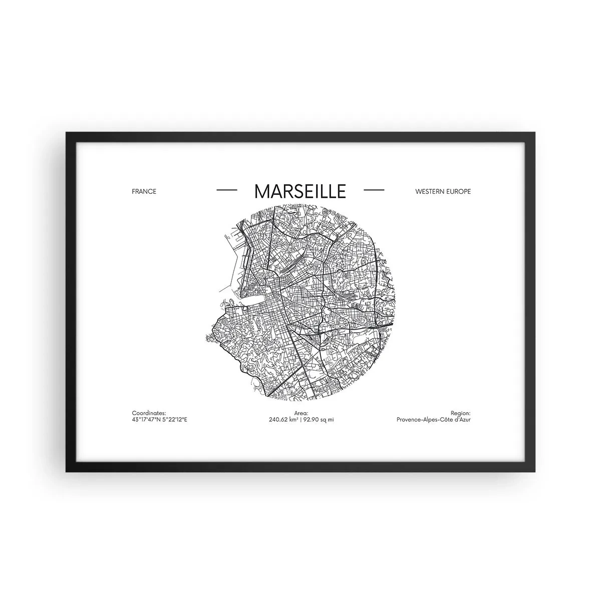 Poster in einem schwarzem Rahmen - Karte von Marseille im minimalistischen Stil - 70x50cm - Anatomie von Marseille - Moderne Wanddekoration für Wohnzimmer und Schlafzimmer ARTTOR