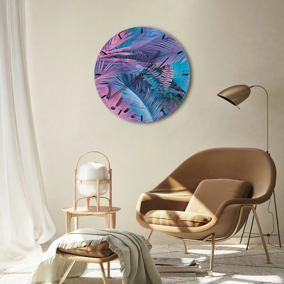 Wanduhr - Glasuhr - Eine abstrakte Komposition aus Palmblättern in Rosa- und Blautönen. - 30x30cm - Tropen in Rosa und Blau - Moderne Wanddekoration für Wohnzimmer, Küche und Schlafzimmer ARTTOR