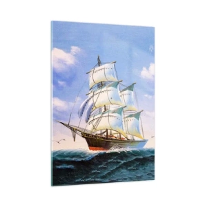 Glasbild - Bild auf glas - Ein Segelschiff auf hoher See unter blauem Himmel - 50x70cm - Mit Stolz mit dem Wind - Moderne Wanddekoration für Wohnzimmer und Schlafzimmer ARTTOR