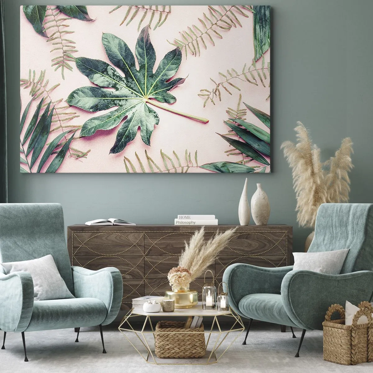 Bild auf Leinwand - Leinwandbild - Eine Studie von Grün auf einem rosa Hintergrund - 70x50 cm