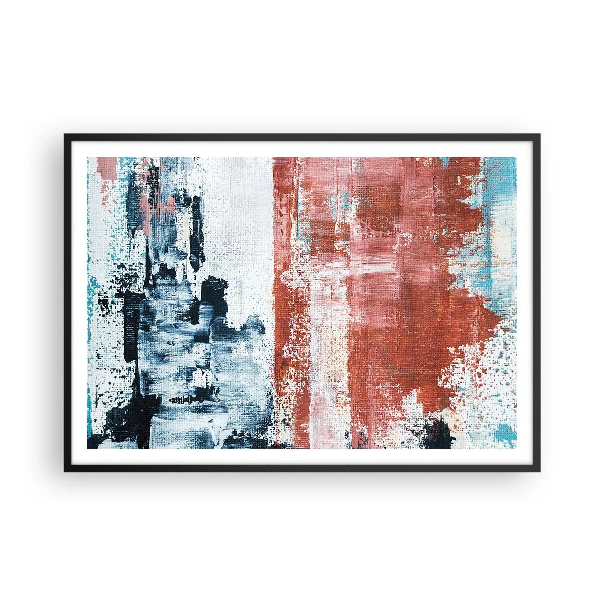 Poster in einem schwarzem Rahmen - Abstraktion in Weiß-, Blau- und Ziegelfarben - 100x70cm - Fünfzig-Fünfzig abstrakt - Moderne Wanddekoration für Wohnzimmer und Schlafzimmer ARTTOR