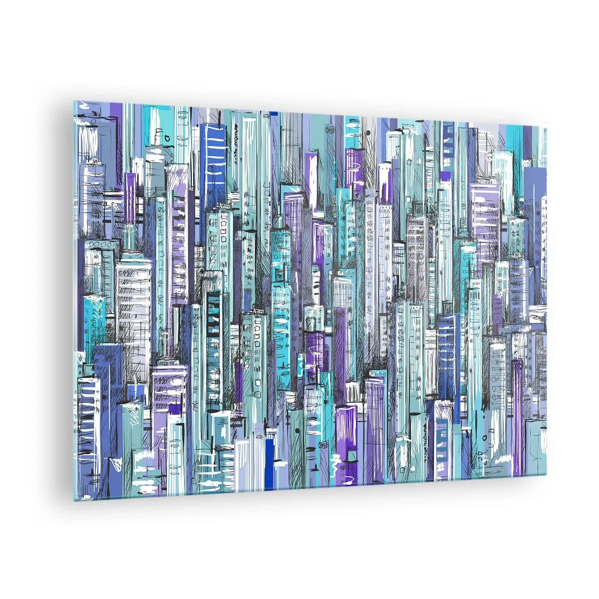 Glasbild - Bild auf glas - Illustration einer Stadt voller Wolkenkratzer in kühlen Farbtönen - 70x50cm - Bläulich von dem Himmel - Moderne Wanddekoration für Wohnzimmer und Schlafzimmer ARTTOR