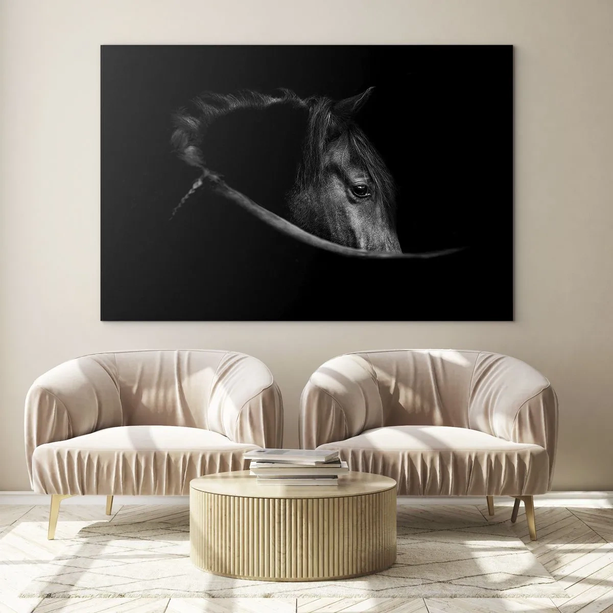 Glasbild - Bild auf glas - Profil eines schwarzen Pferdes im Schatten mit einem sichtbaren Auge - 100x70cm - Schwarzer Prinz - Moderne Wanddekoration für Wohnzimmer und Schlafzimmer ARTTOR