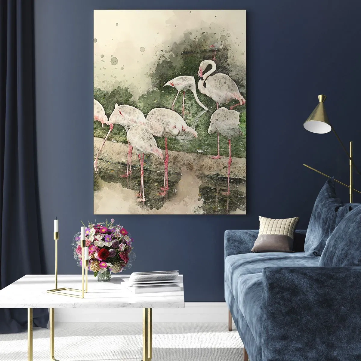 Glasbild - Bild auf glas - Flamingos vor dem Hintergrund einer Aquarellkomposition - 50x70cm - Exotischer Traum - Moderne Wanddekoration für Wohnzimmer und Schlafzimmer ARTTOR